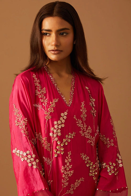 Hot Pink Leaf Floral Embroidered Silk Kurta Set