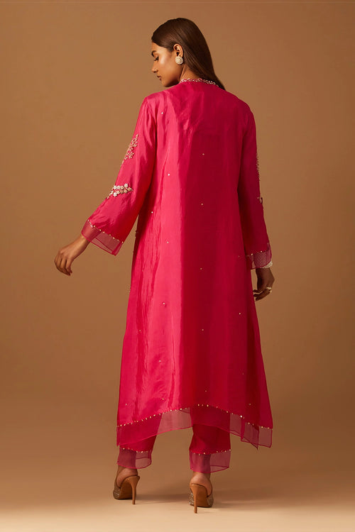 Hot Pink Leaf Floral Embroidered Silk Kurta Set