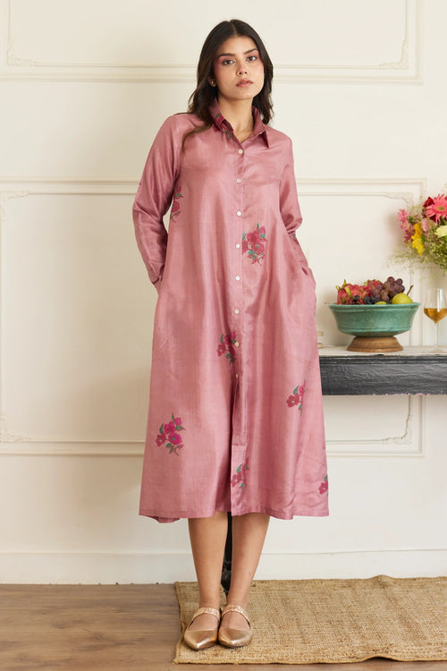Blossom Whisper Mauve Silk Midi Dress