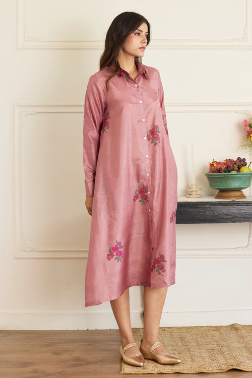 Blossom Whisper Mauve Silk Midi Dress
