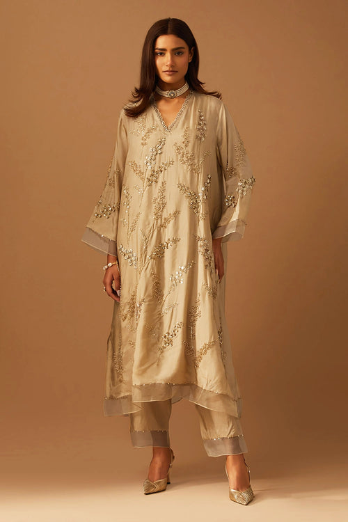 Shell Leaf Floral Embroidered Silk Kurta Set