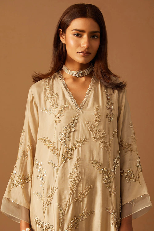 Shell Leaf Floral Embroidered Silk Kurta Set
