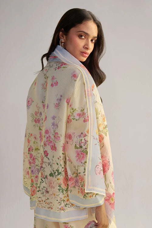 Pastel Floral Printed Pant Set With Scarf
