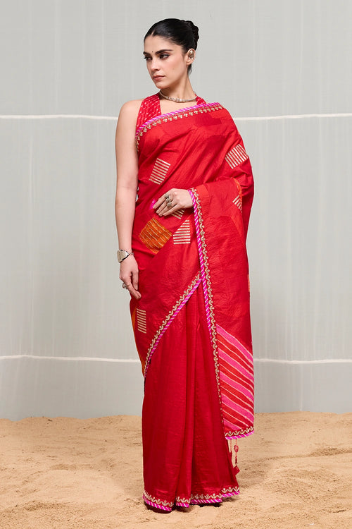 Orange Red Boond Saree