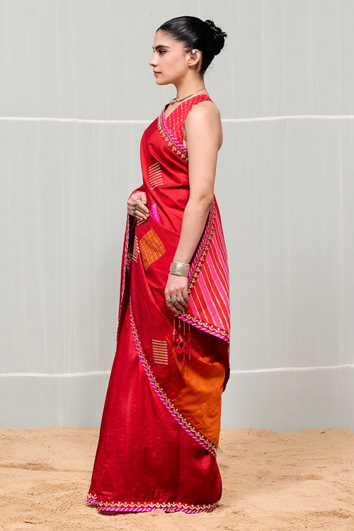 Orange Red Boond Saree
