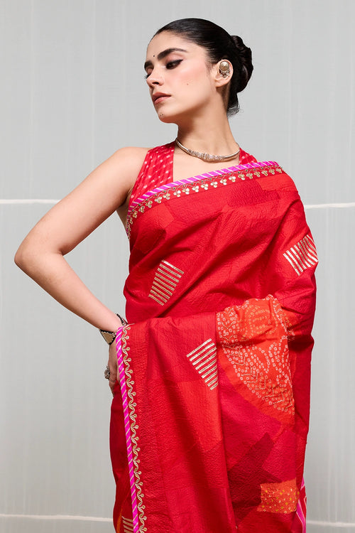 Orange Red Boond Saree