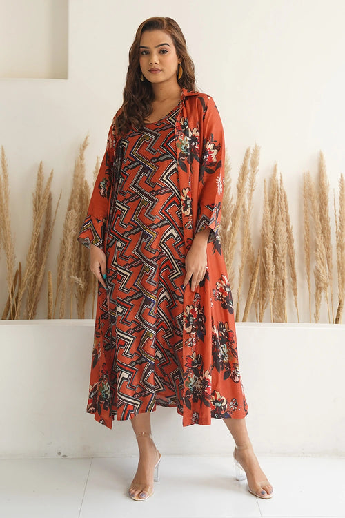 Red Floral Jacket With Abstract Geometric Print Dress