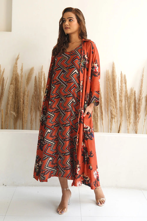 Red Floral Jacket With Abstract Geometric Print Dress