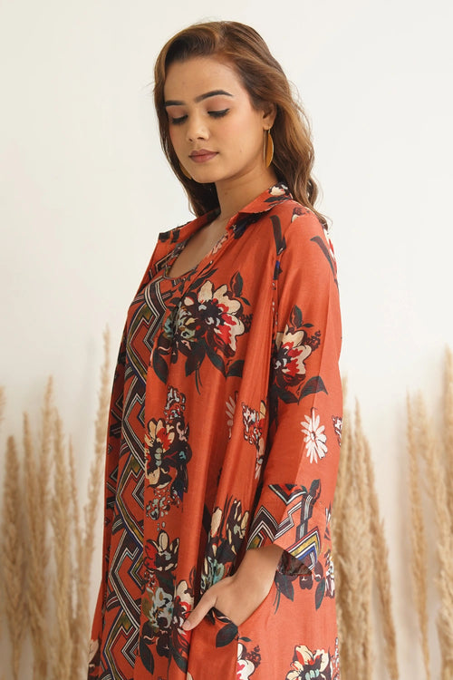 Red Floral Jacket With Abstract Geometric Print Dress