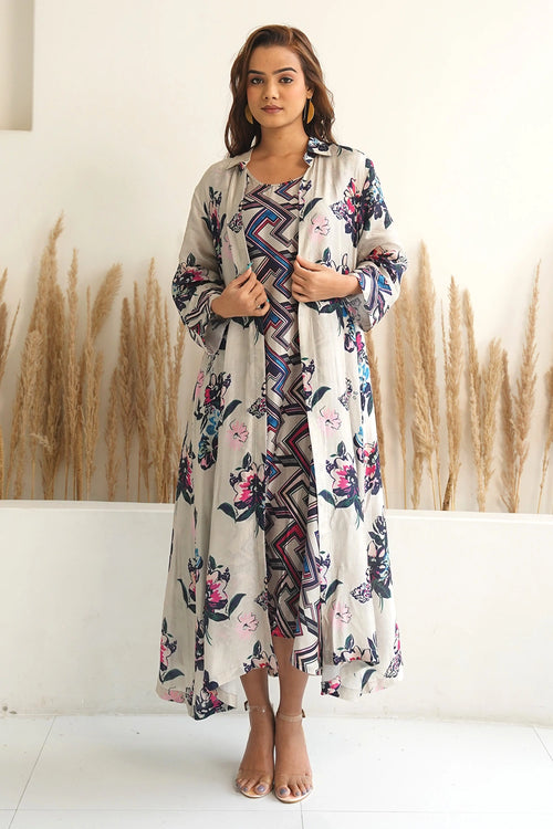 Beige Floral Jacket With Abstract Geometric Print Dress
