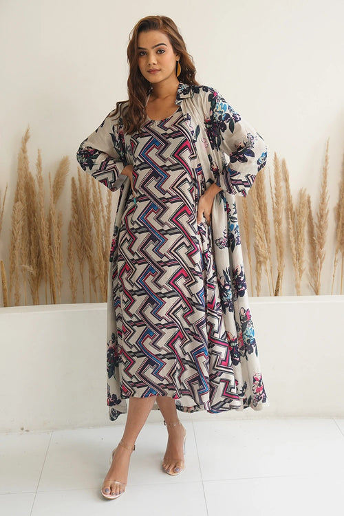 Beige Floral Jacket With Abstract Geometric Print Dress