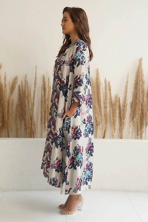 Beige Floral Jacket With Abstract Geometric Print Dress