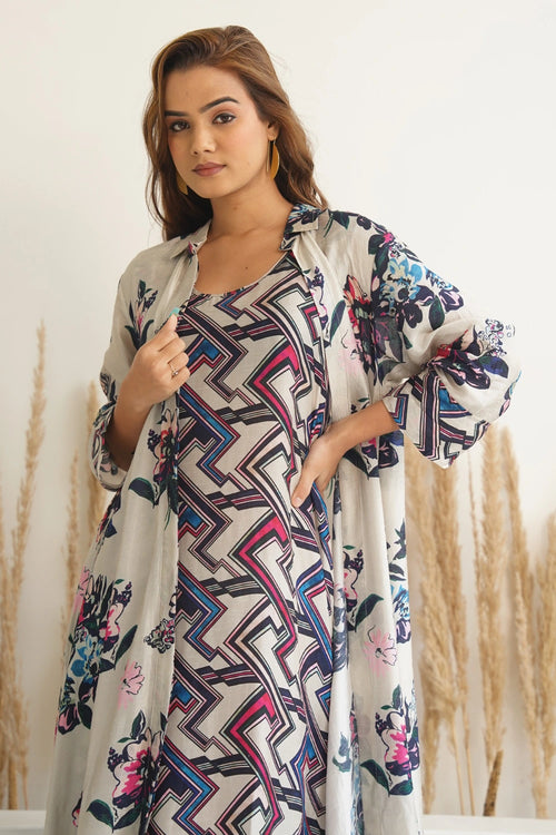 Beige Floral Jacket With Abstract Geometric Print Dress