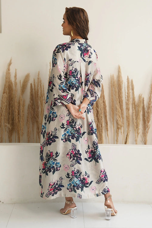 Beige Floral Jacket With Abstract Geometric Print Dress