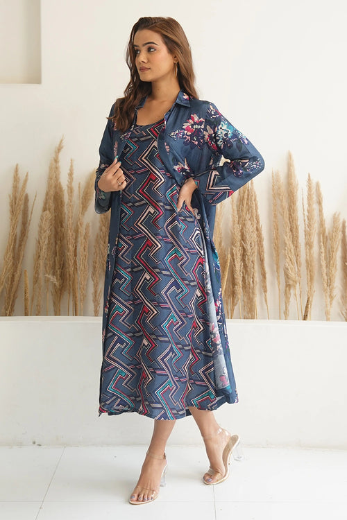 Navy Blue Floral Jacket With Abstract Geometric Print Dress