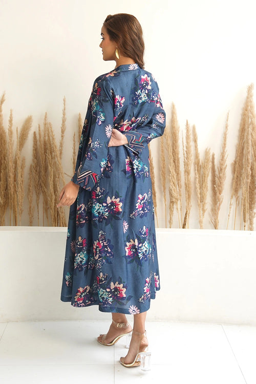 Navy Blue Floral Jacket With Abstract Geometric Print Dress