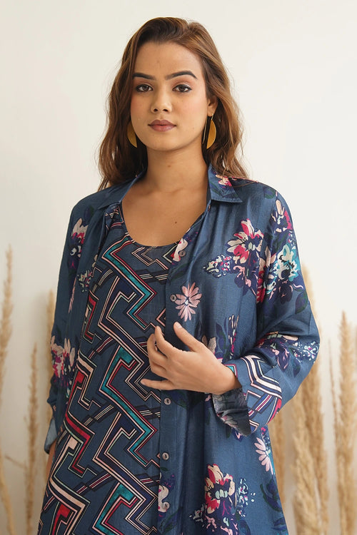 Navy Blue Floral Jacket With Abstract Geometric Print Dress