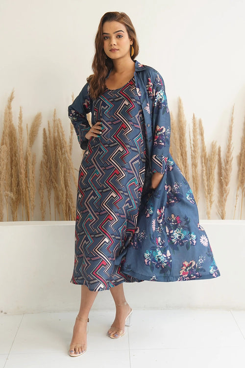 Navy Blue Floral Jacket With Abstract Geometric Print Dress