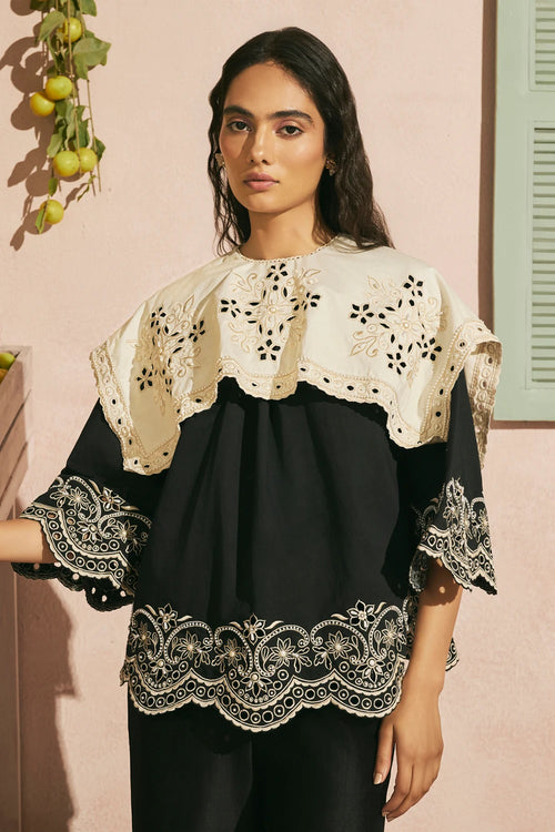 Black Contrast Cutwork Collar Top
