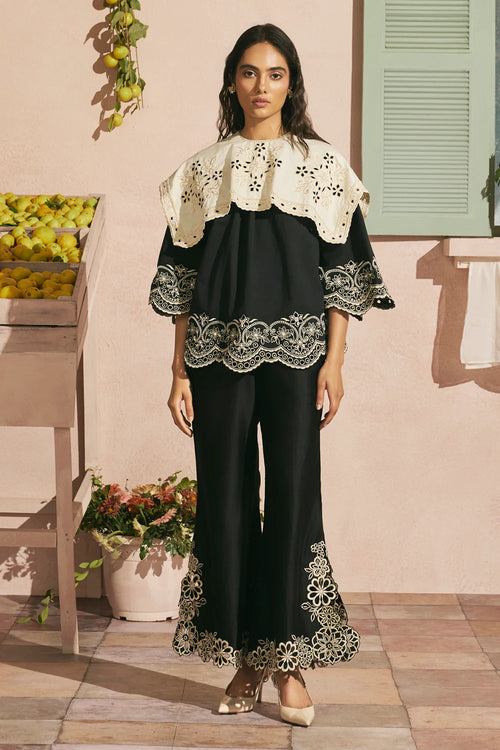 Black Contrast Cutwork Collar Top With Pants