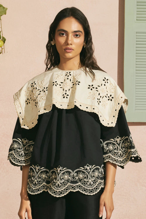 Black Contrast Cutwork Collar Top