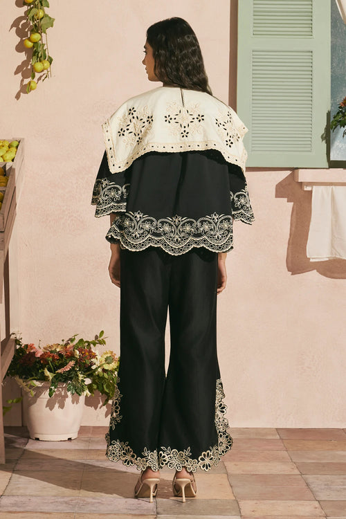 Black Contrast Cutwork Collar Top With Pants