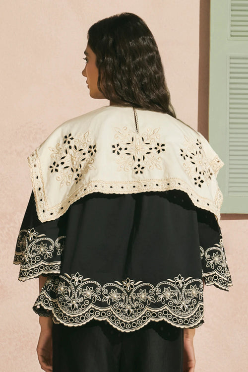 Black Contrast Cutwork Collar Top