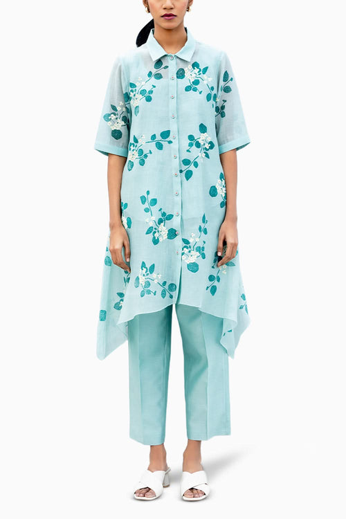 Sakura Printed Mint Embroidered Shirt and Pant