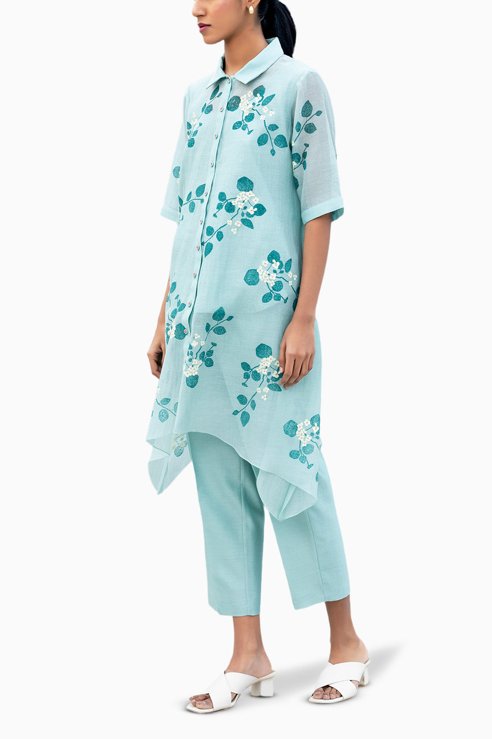 Sakura Printed Mint Embroidered Shirt and Pant