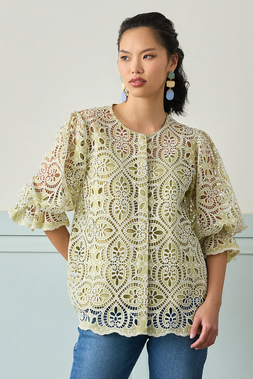 Pistachio Lace Button Down Blouse