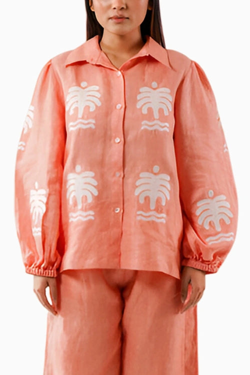 Peach Palm Drift Linen Shirt