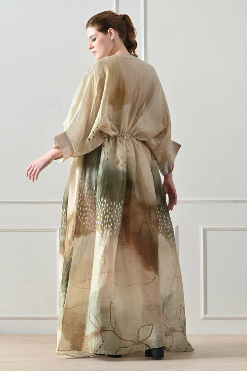 Soft Beige Printed Pintex Gathered Dress