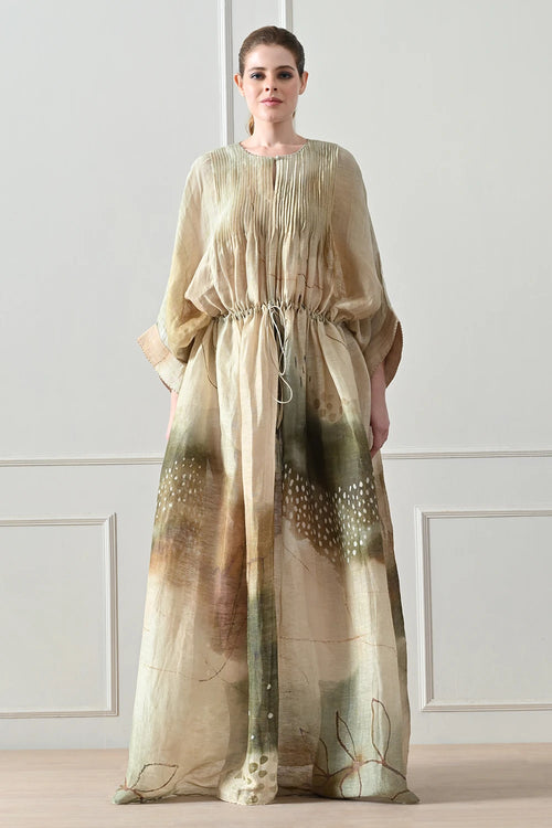 Soft Beige Printed Pintex Gathered Dress