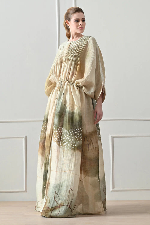 Soft Beige Printed Pintex Gathered Dress