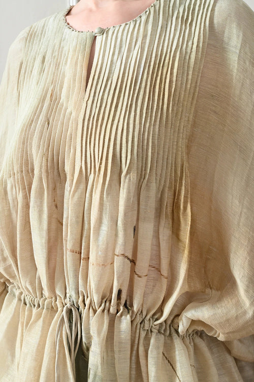 Soft Beige Printed Pintex Gathered Dress