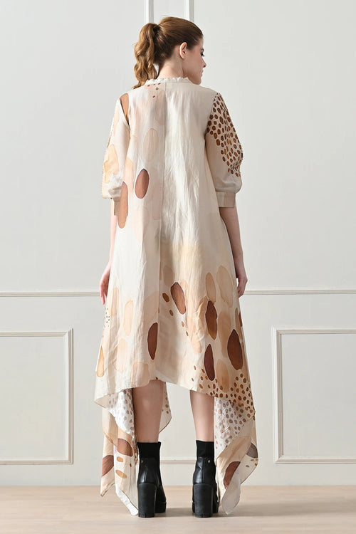 Beige Abstract Print  Asymmetric High Low Dress