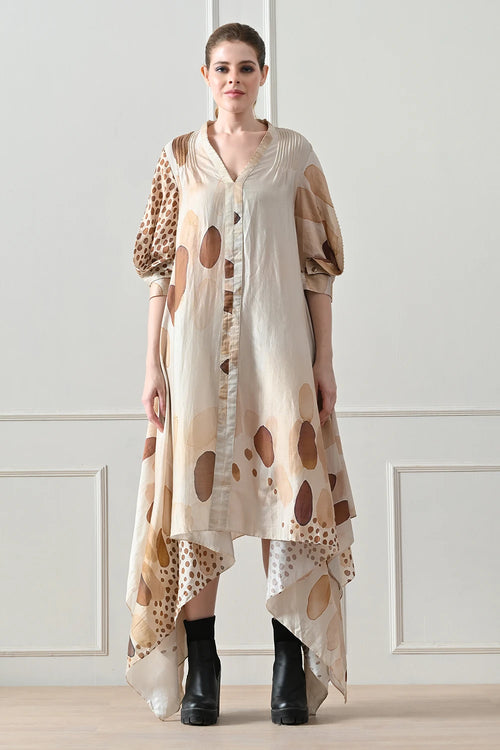 Beige Abstract Print  Asymmetric High Low Dress