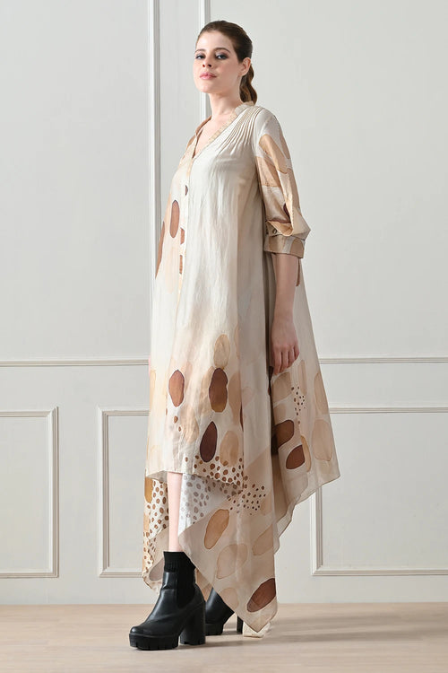 Beige Abstract Print  Asymmetric High Low Dress