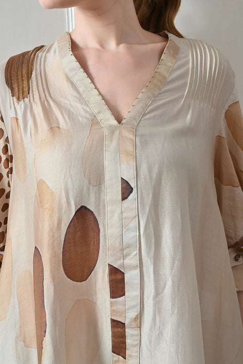 Beige Abstract Print  Asymmetric High Low Dress