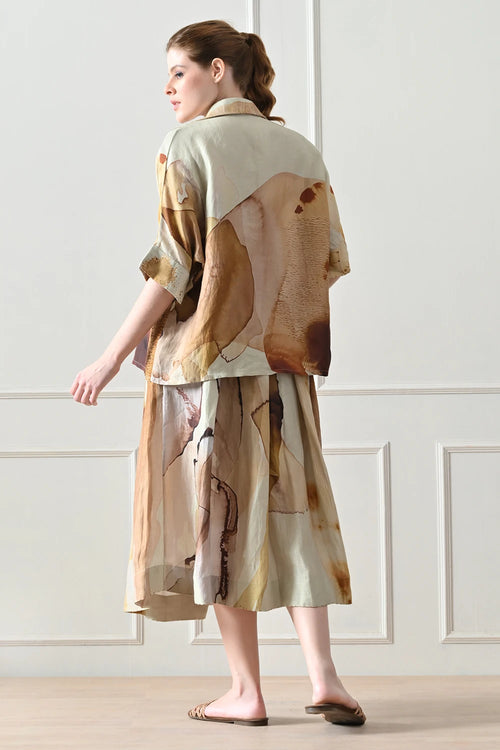 Biege Abstract Short Shirt And Skirt Set