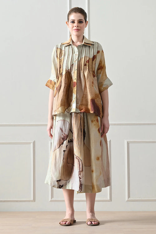 Biege Abstract Short Shirt And Skirt Set
