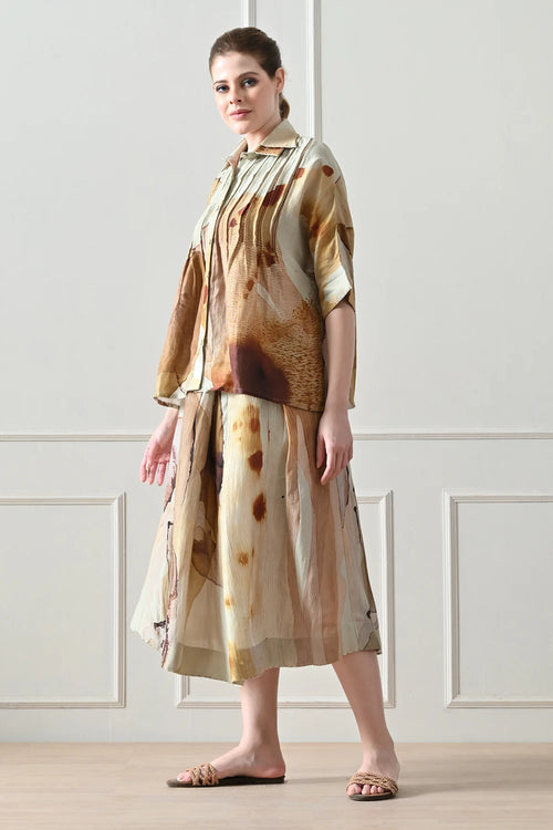 Biege Abstract Short Shirt And Skirt Set