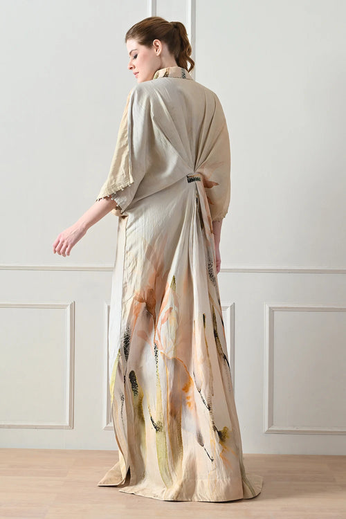 Beige Abstract Print Draped Dress