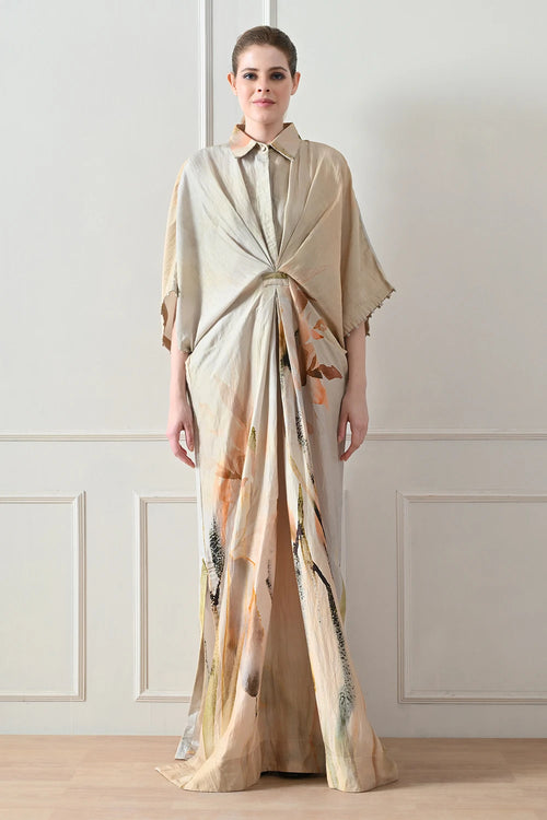 Beige Abstract Print Draped Dress