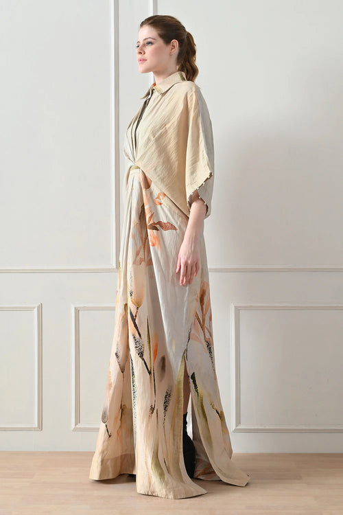 Beige Abstract Print Draped Dress