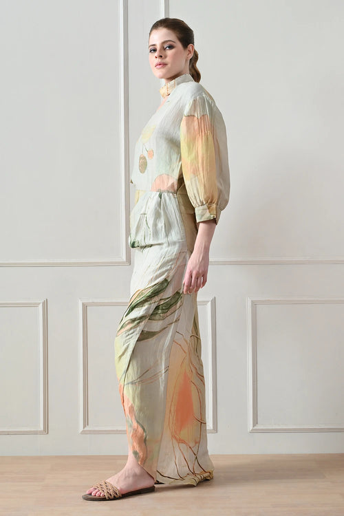 Beige Floral Overlay Long Dress