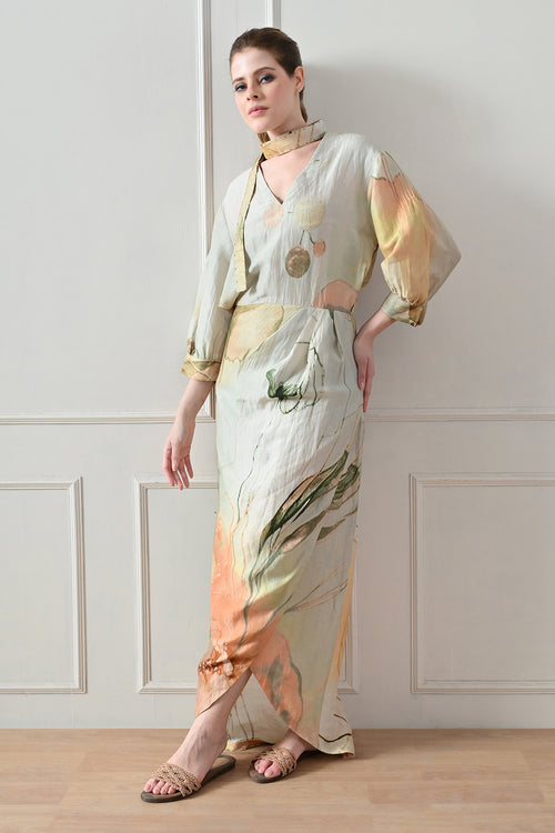 Beige Floral Overlay Long Dress