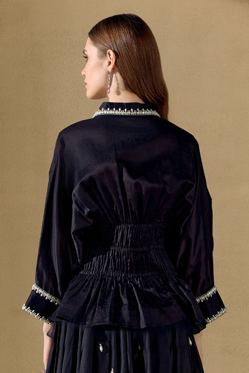 Black Fleur Pleated Kimono Shirt