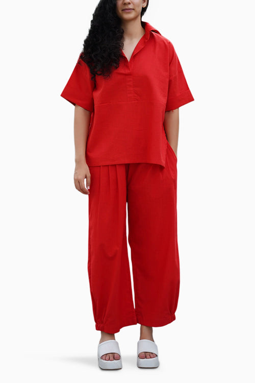 Red Ekin Shirt and Hera Cotton Pants Set