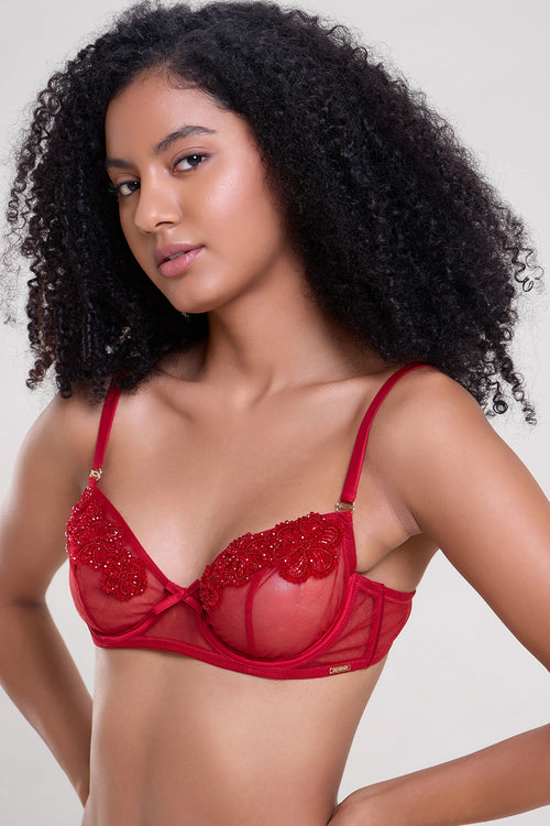 Poppy Red Hand Embellished Bra and Thong Set